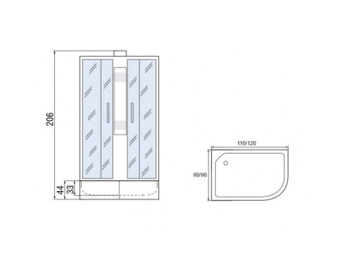 Душевая кабина Мономах 110/80/44 Б/К МЗ L 110х80х206, без крыши, асимметричная